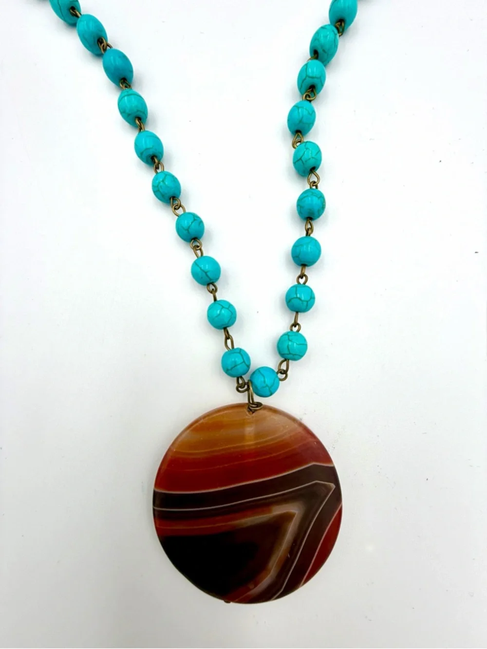 Turquoise Bead Necklace with Striped Agate Pendant